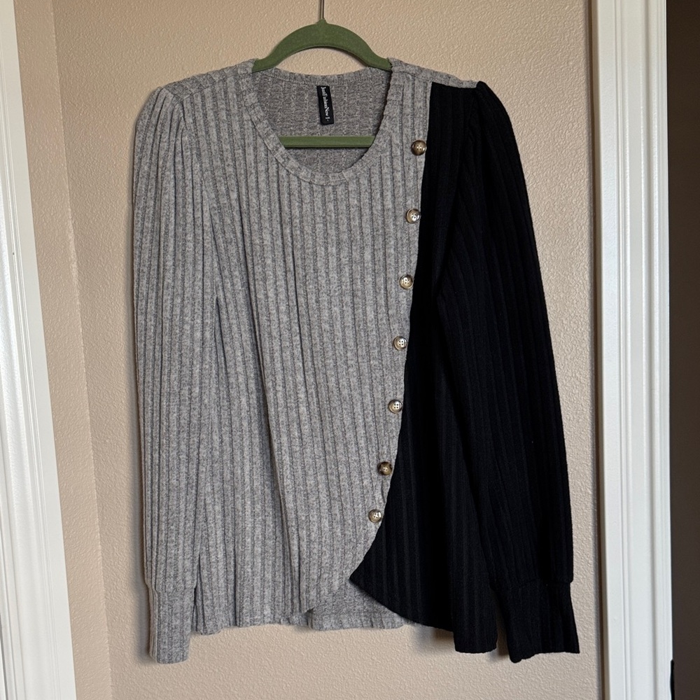 Gray and Black Ribbed Sweater with Button Detail